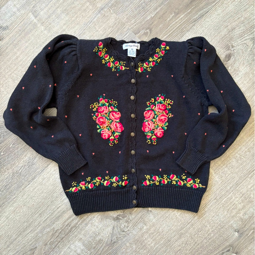Vintage-Inspired Black Floral Embroidered Cardigan Sweater